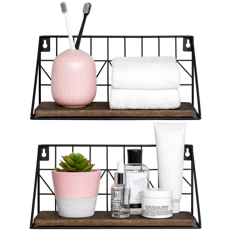 Mkono Floating Shelves Wall Mounted Set of 2 Rustic Wood Storage Display Shelf with Metal Wire Basket 11.5 Inches, Hanging Shelf for Bedroom Bathroom Living Room Kitchen Office, Brown,Small - Image 2